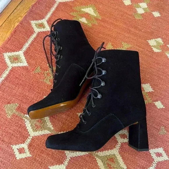 By Far Claude Lace Up Black Suede Booties Square Toe - Picture 7 of 13
